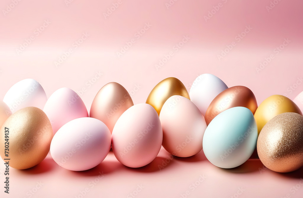 Easter eggs in light pink and gold tones on a blue background. Easter eggs in light pink and gold tones on a blue background.