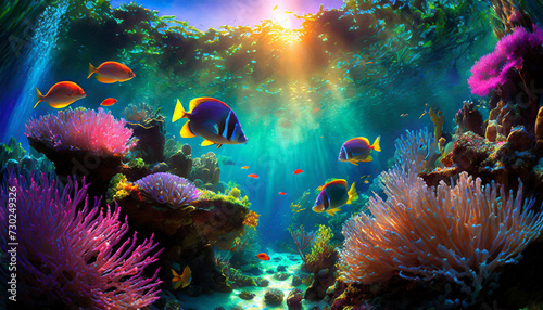 Underwater image of reef and tropical fishes. Beautiful ocean life ecosystems scenic view blue water.