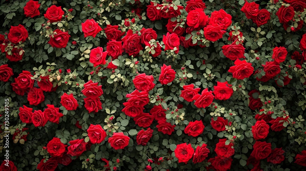 Natural background of red roses, flower wall generative ai