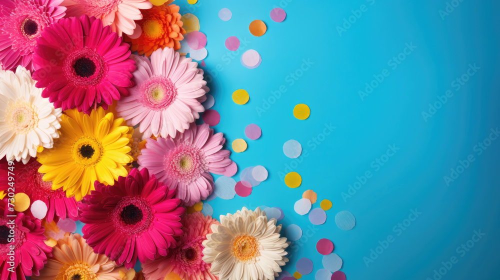Vibrant flat lay with gerbera daisy flowers on background with confetti Vibrant flat lay with gerbera daisy flowers on background with confetti