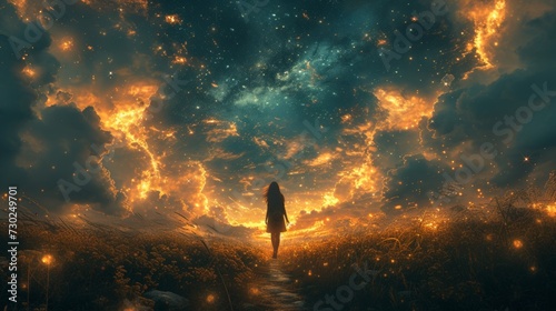 Design of a girl walking into a dream pathway, future, dream, sky, stars, fantasy illustration