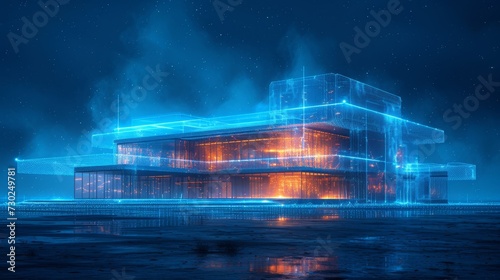 Construction. Wireframe building under croune on dark blue night sky. Architecture, development, or construction illustration or background.