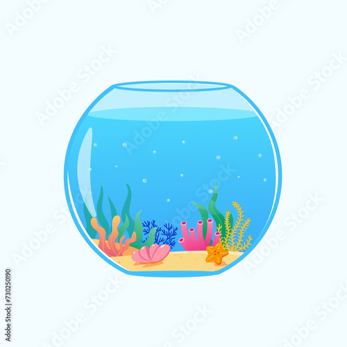 Vector glass round aquarium for fish, algae and sand vector illustration