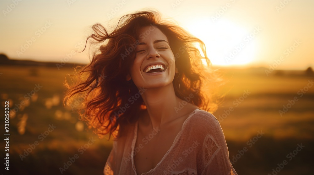 Beautiful carefree woman in fields being happy outdoors. Neural network AI generated art Beautiful carefree woman in fields being happy outdoors. Neural network AI generated art