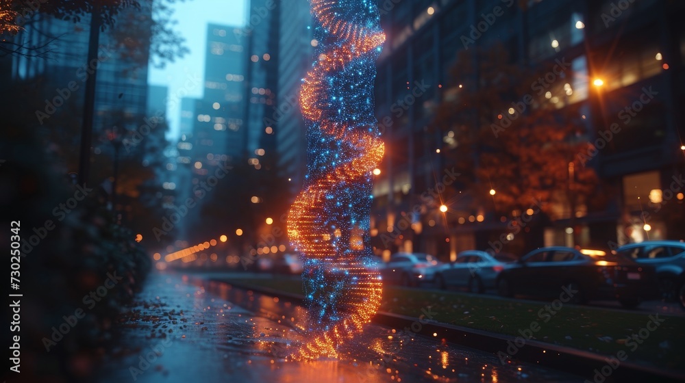 Hologram of DNA on a background of a contemporary business center, with the biotechnology and genetics concept as the background. Multiexposure shot.