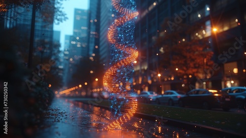 Hologram of DNA on a background of a contemporary business center, with the biotechnology and genetics concept as the background. Multiexposure shot.