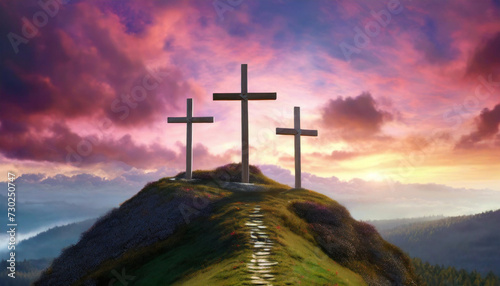 Three crosses on hill. Crucifixion Of Jesus Christ At Sunrise,dramatic clouds. Passion Of Jesus Christ.Good friday.