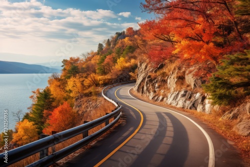 A mountain road with a backdrop of vibrant fall foliage