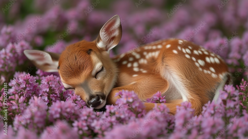 a deer that is laying down in a field of flowers with it's eyes closed and it's head resting on the ground.