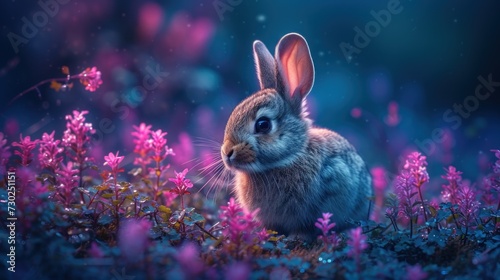 a rabbit is sitting in the middle of a field of purple flowers, with its ears up and eyes wide open.