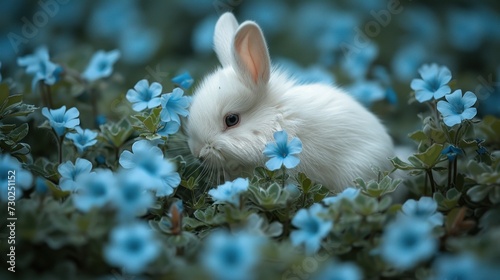 a white rabbit sitting in the middle of a field of flowers with blue flowers in the foreground and a blurry background. photo