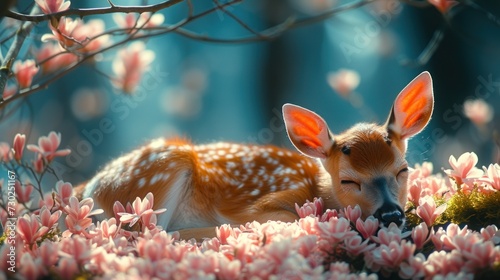a deer laying in the middle of a forest with pink flowers on it's back and a deer's head sticking out of it's mouth.