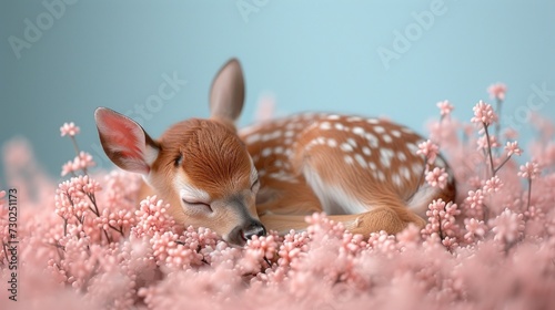 a baby deer is sleeping in a field of pink flowers with its eyes closed and it's head resting on it's side.
