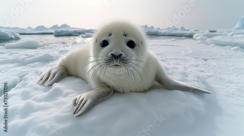 a baby seal sitting on top of a pile of snow next to an ice floese filled with snow.