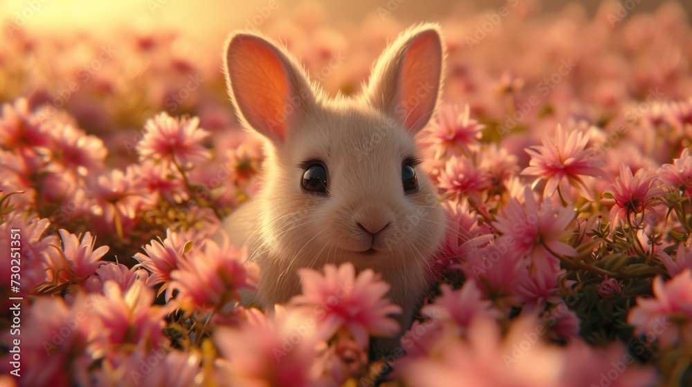a white rabbit is sitting in a field of pink flowers and looking at the camera with a sad look on its face. a white rabbit is sitting in a field of pink flowers and looking at the camera with a sad look on its face.