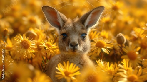 a baby kangaroo standing in a field of yellow flowers with a net in the middle of it's ears. © Jevjenijs
