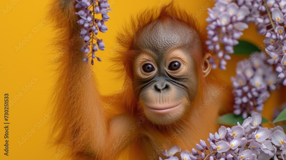 a baby oranguel hangs from a branch of lilacs with its eyes wide open and a smile on it's face. a baby oranguel hangs from a branch of lilacs with its eyes wide open and a smile on it's face.