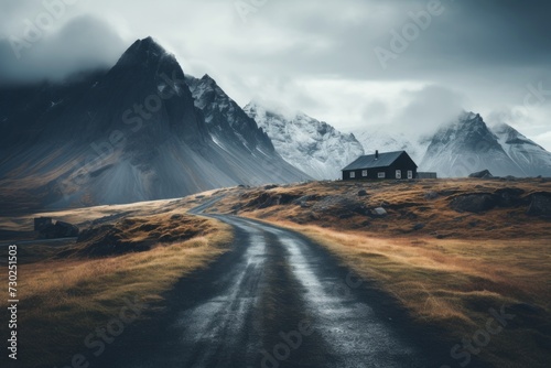 A road leading to a remote mountain lodge, perfect for adventure themes