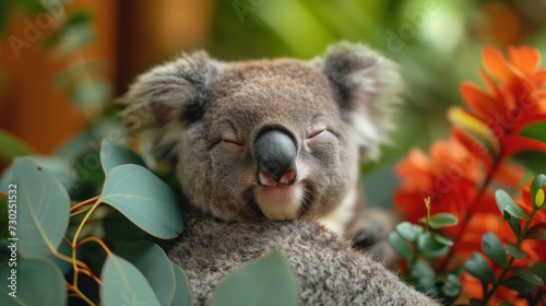 a close up of a koala with its eyes closed and a bush in the foreground with orange flowers in the background. photo