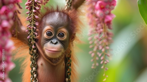 a baby oranguel hanging from a branch with pink flowers on it's head and a smile on its face.