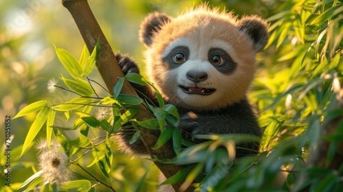a close up of a small panda bear on a tree branch with a blurry background of leaves and branches.