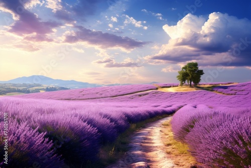 A road through a tranquil lavender field, perfect for relaxation themes