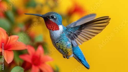 a blue and red hummingbird flying next to a bunch of red and yellow flowers in front of a yellow background.