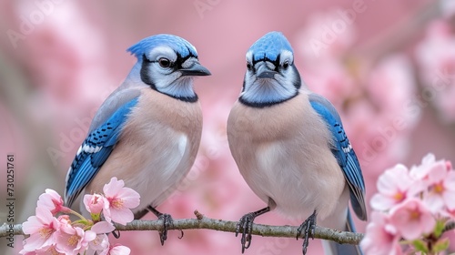 two blue and white birds sitting on a branch of a tree with pink flowers in front of a pink background. photo