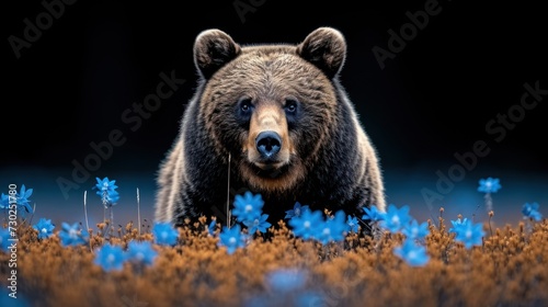 a large brown bear standing in the middle of a field of blue flowers with his head turned to the side.