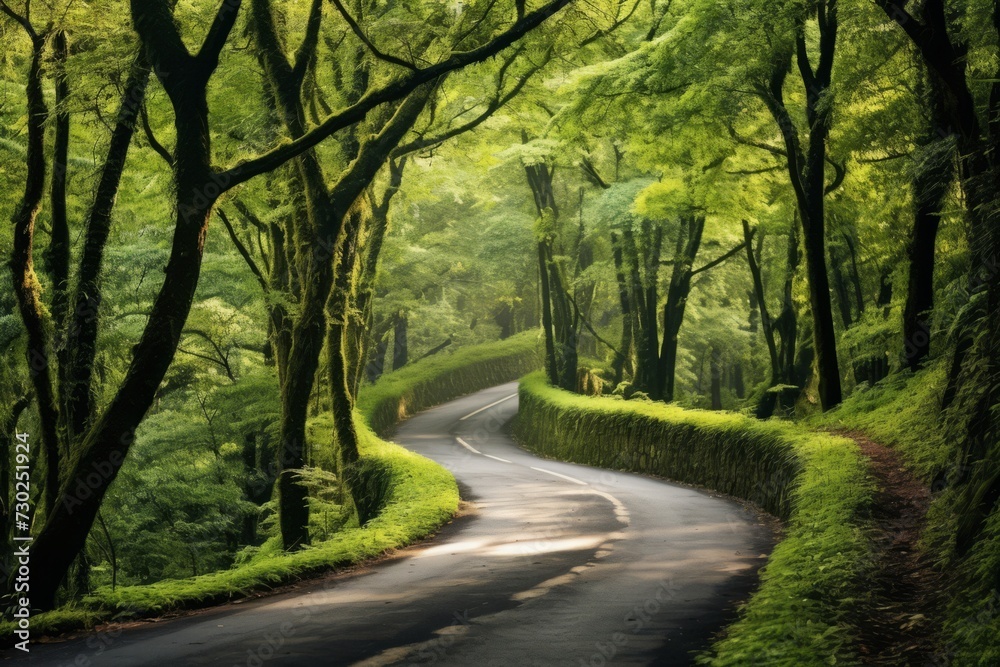 Naklejka premium A winding road through a lush, green forest