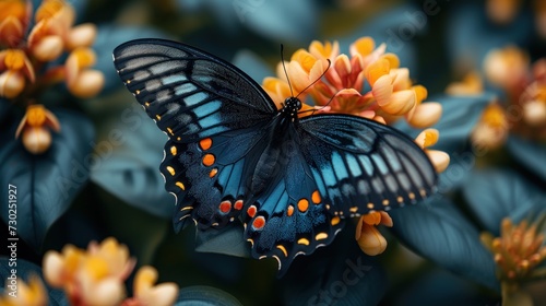 a blue butterfly sitting on top of a bunch of orange and yellow flowers on top of a green leafy plant. photo
