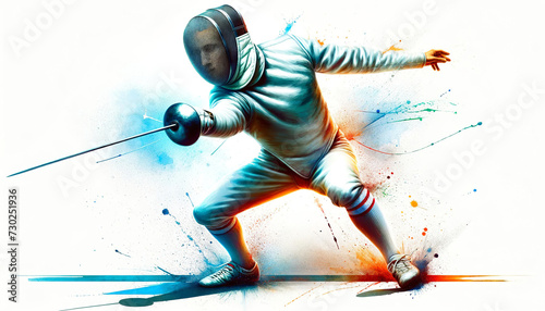 Dynamic illustration of a fencer in mid-action, with vibrant splashes of paint emphasizing movement and the art of fencing.Sport concept. AI generated.