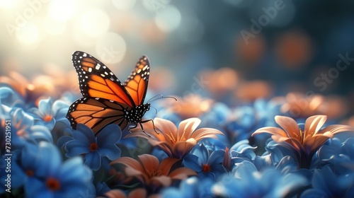 a close up of a butterfly on a field of blue and orange flowers with a bright light in the background.