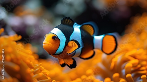 a close up of a clown fish in a sea of orange sea anemone with a black and white stripe.