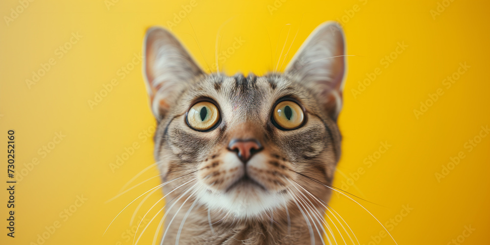 A close-up of a cat with big, wide eyes in a state of shock, fur slightly bristled, against a vibrant background.
