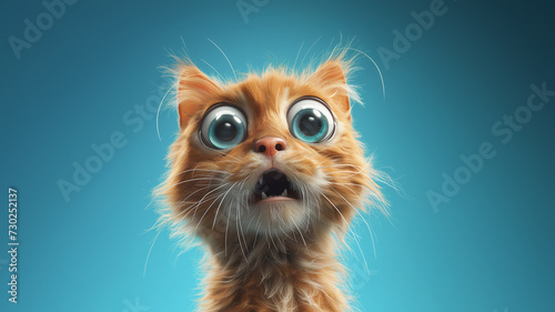 A close-up of a cat with big, wide eyes in a state of shock, fur slightly bristled, against a vibrant background. © CtrlN