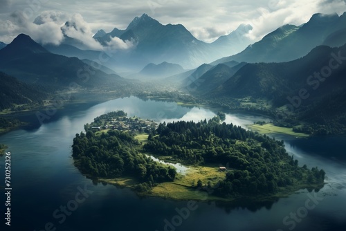 Aerial shot of a serene lake nestled in the midst of towering mountains