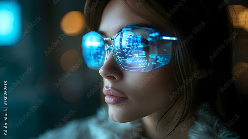 female Engineer designs AI technology with reflection on eyeglass lenses female Engineer designs AI technology with reflection on eyeglass lenses