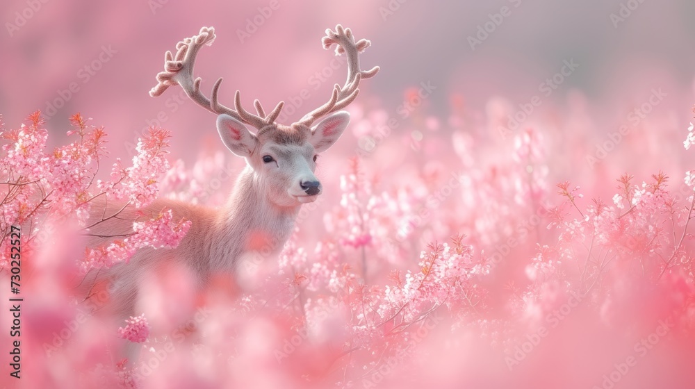 a deer standing in a field of flowers with a pink sky in the background and a pink sky in the foreground. a deer standing in a field of flowers with a pink sky in the background and a pink sky in the foreground.