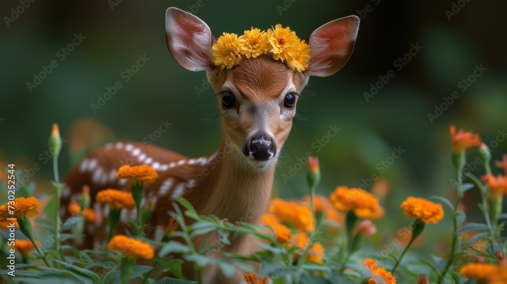 a small deer with a flower crown on it's head standing in a field of orange and yellow flowers. a small deer with a flower crown on it's head standing in a field of orange and yellow flowers.