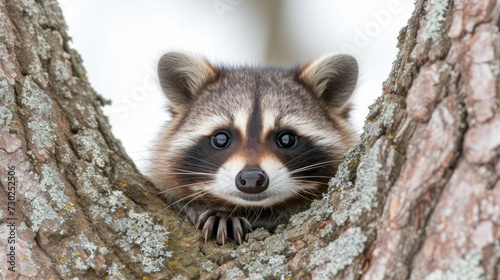 a raccoon peeks out of a tree's bark and peeks its head out of a hole.