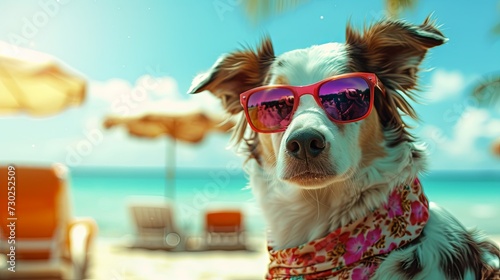 dog with sunglasses on the beach generative ai © Francheska