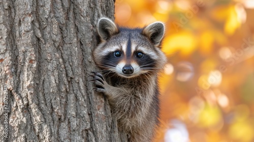 a raccoon peeks its head out of the bark of a tree, peering out from behind the bark of a tree. © Jevjenijs