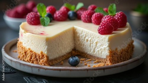 a cheesecake with raspberries and blueberries on top on a plate with a slice taken out of it.