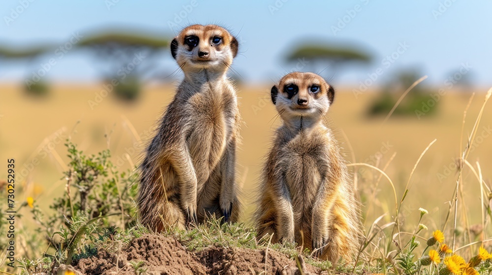two meerkats standing on top of a mound of dirt in a field of grass and yellow flowers. two meerkats standing on top of a mound of dirt in a field of grass and yellow flowers.