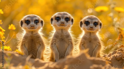a group of three meerkats standing next to each other on top of a field of yellow flowers.