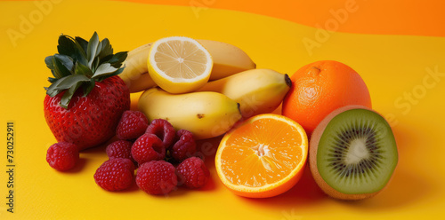 various fruits on a yellow background