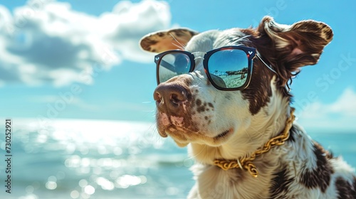 Photographie dog with sunglasses on the beach generative ai