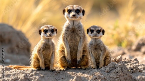 a group of three meerkats sitting next to each other on a sandy ground with grass in the background.