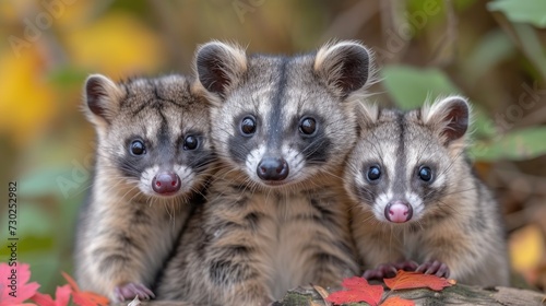 a group of three baby raccoons standing next to each other on a tree branch with leaves around them. © Jevjenijs